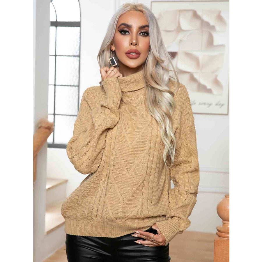 Turtleneck Cable-Knit Long Sleeve Sweater