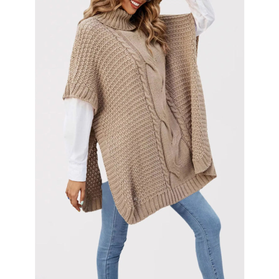 Turtleneck Cable-Knit Short Sleeve Oversized Sweater Apparel and Accessories