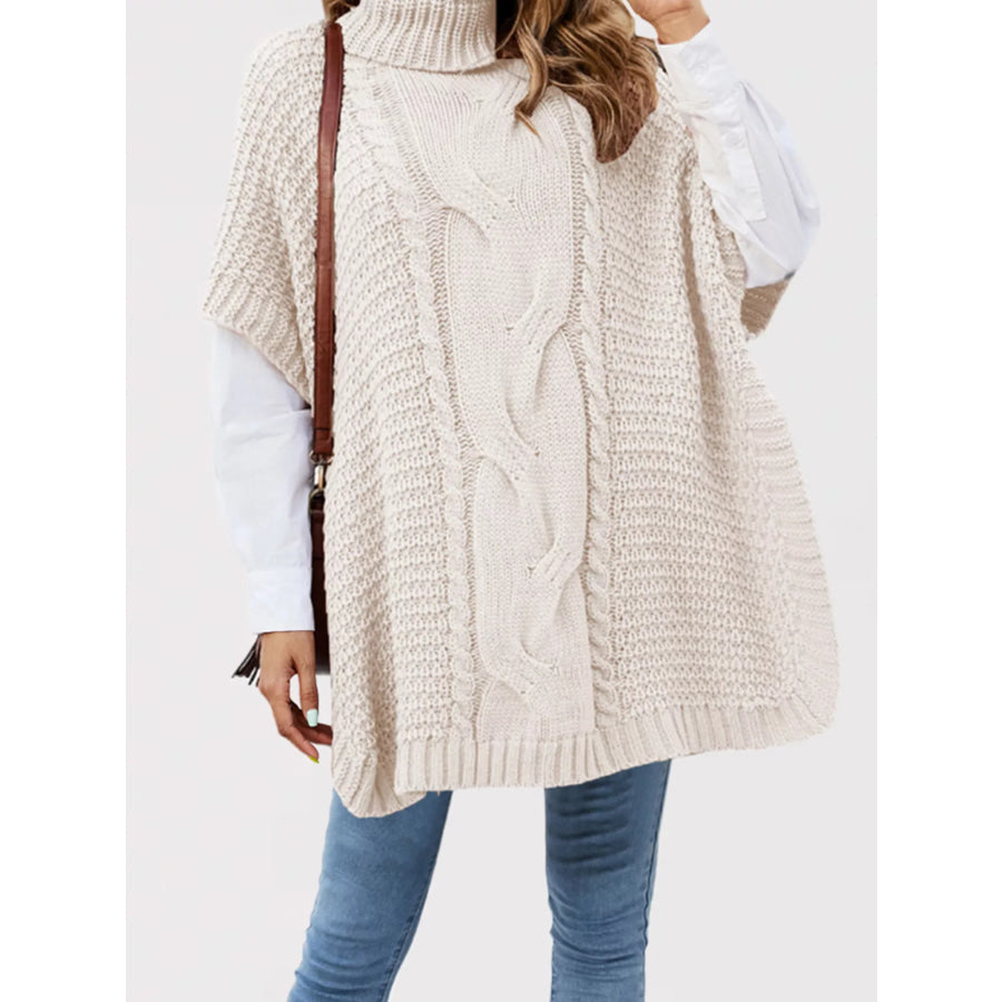Turtleneck Cable-Knit Short Sleeve Oversized Sweater Apricot / S Apparel and Accessories