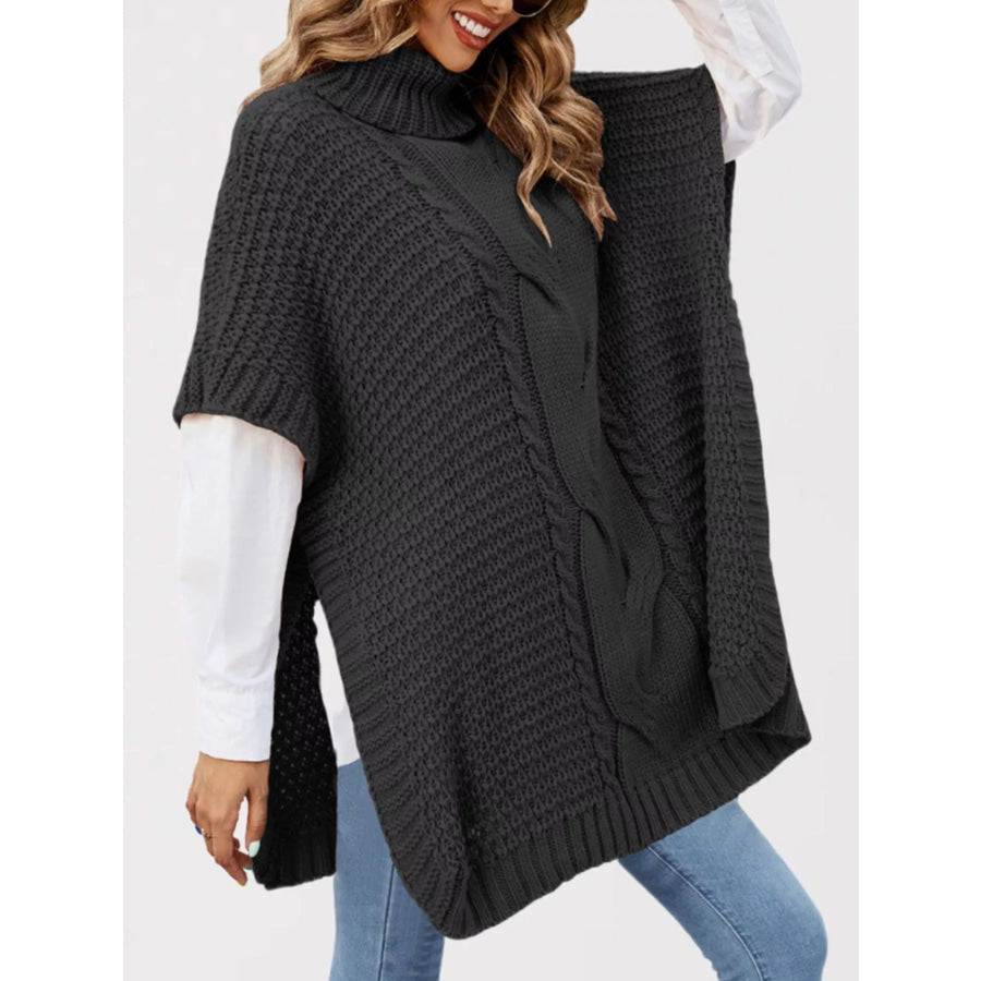 Turtleneck Cable-Knit Short Sleeve Oversized Sweater Black / S Apparel and Accessories