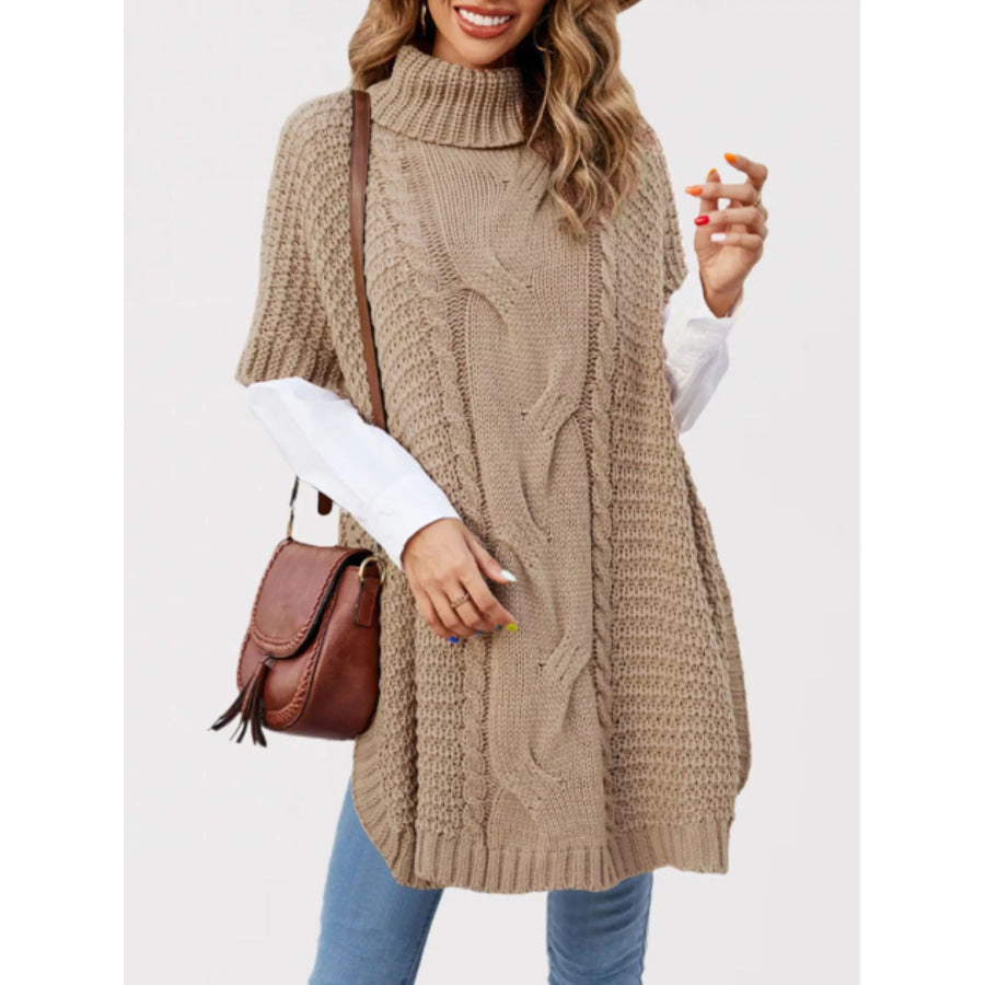 Turtleneck Cable-Knit Short Sleeve Oversized Sweater Khaki / S Apparel and Accessories