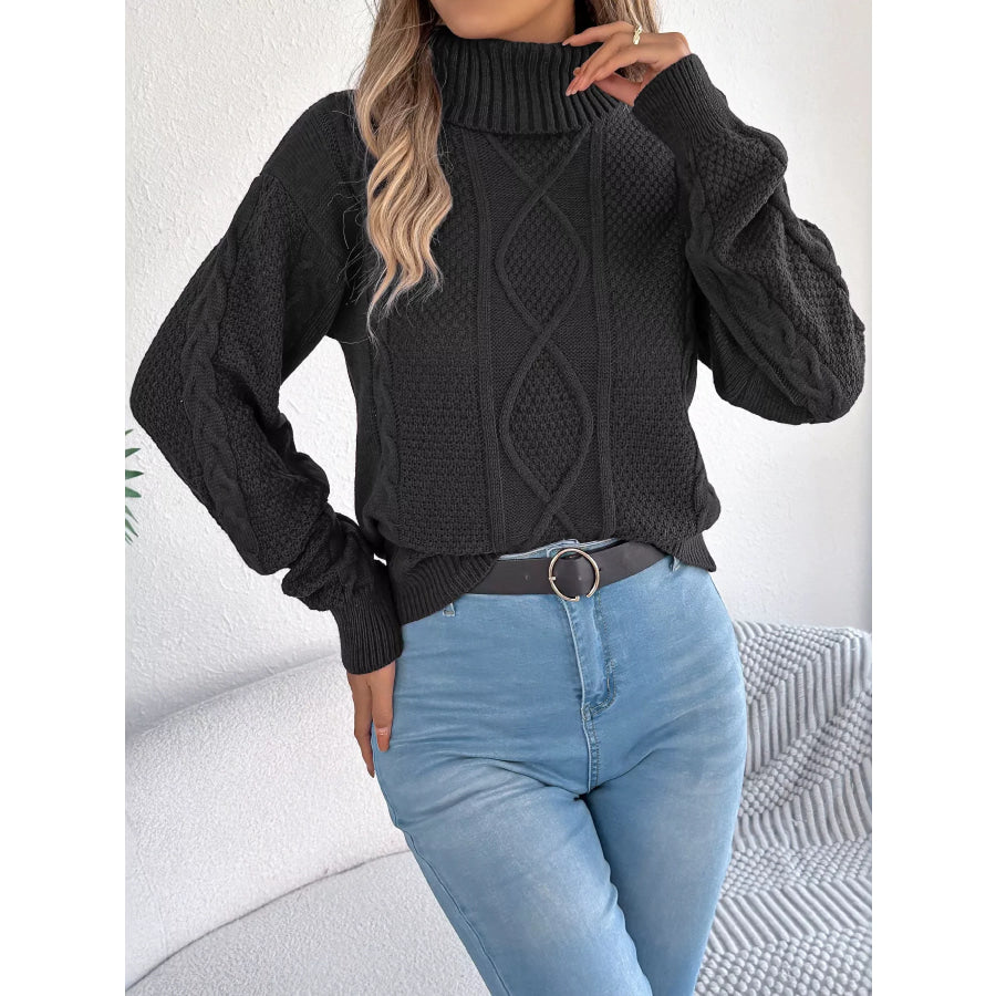 Turtleneck Cable Knit Sweater Black / S Apparel and Accessories
