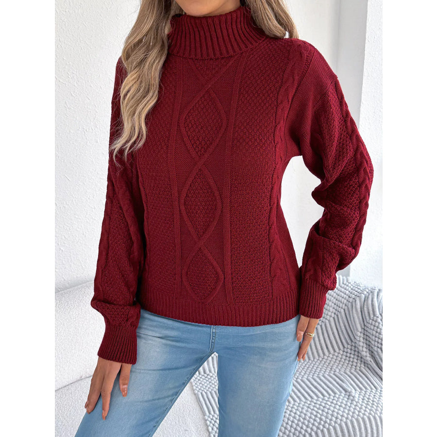 Turtleneck Cable Knit Sweater Burgundy / S Apparel and Accessories