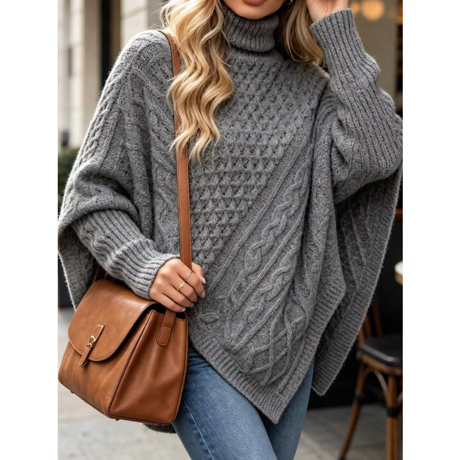 Turtleneck Cable-Knit Sweater Gray / S Apparel and Accessories