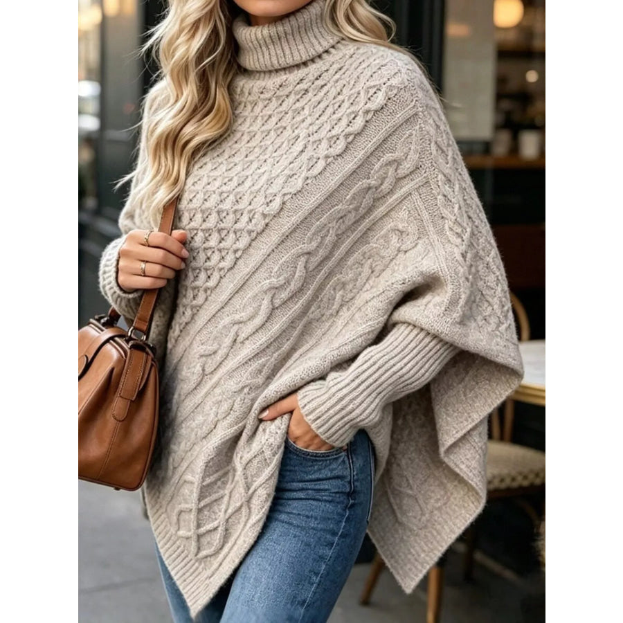 Turtleneck Cable-Knit Sweater Light Khaki / S Apparel and Accessories