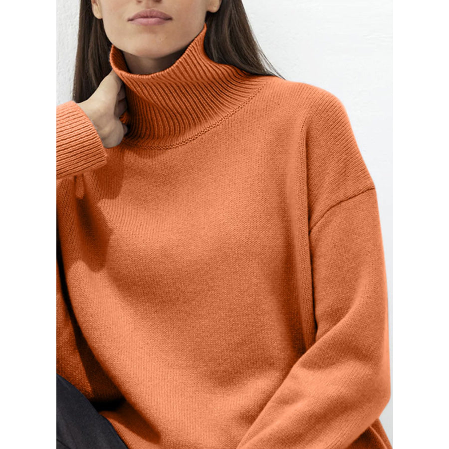 Turtleneck Drop Shoulder Long Sleeve Sweater Apparel and Accessories