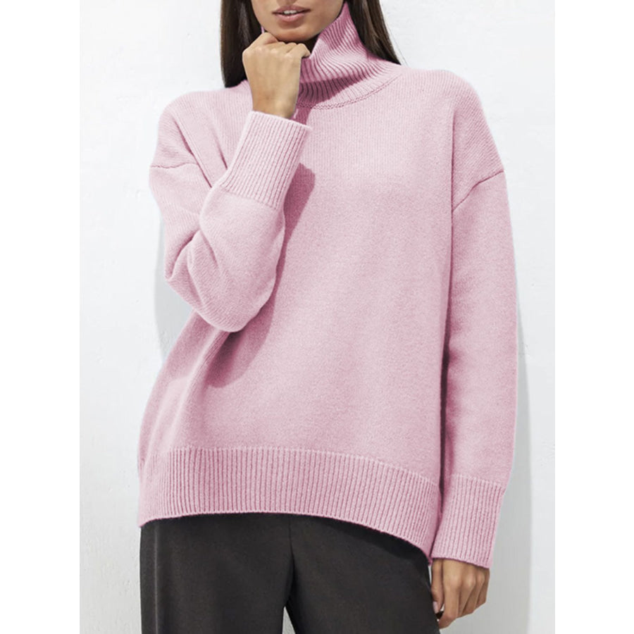 Turtleneck Drop Shoulder Long Sleeve Sweater Apparel and Accessories