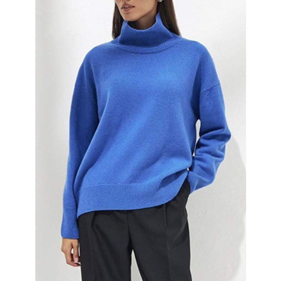 Turtleneck Drop Shoulder Long Sleeve Sweater Apparel and Accessories