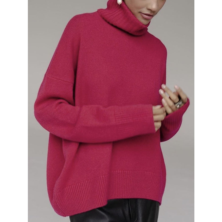 Turtleneck Drop Shoulder Long Sleeve Sweater Cerise / One Size Apparel and Accessories