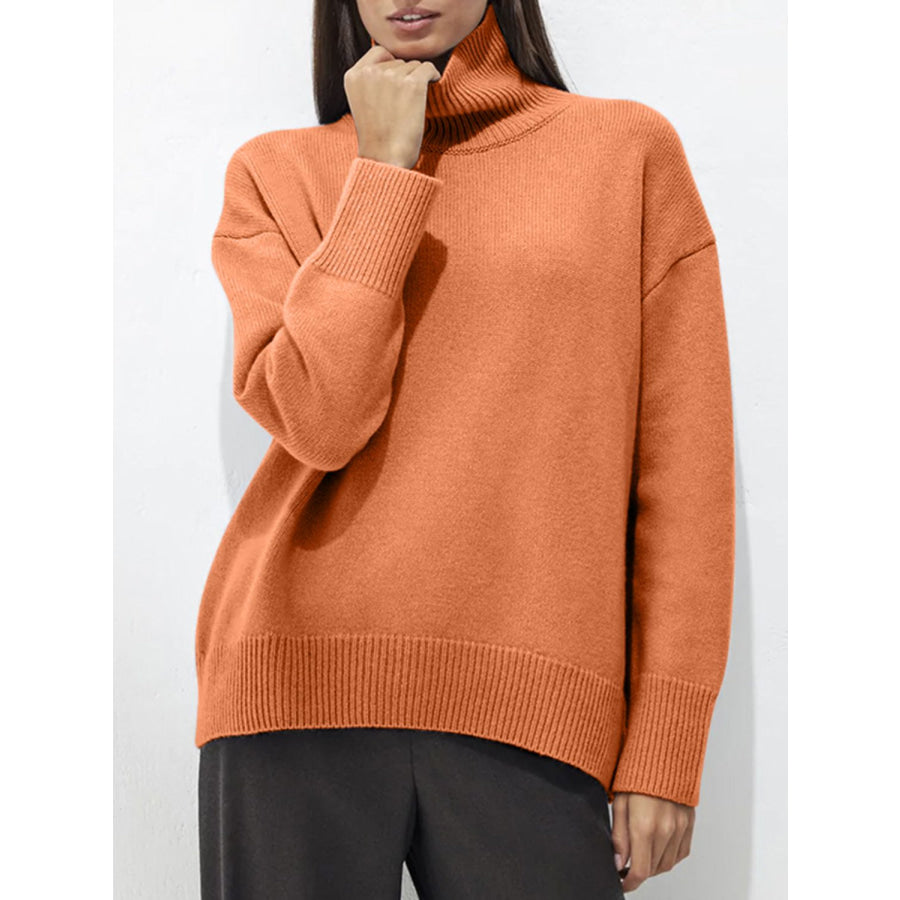 Turtleneck Drop Shoulder Long Sleeve Sweater Apparel and Accessories