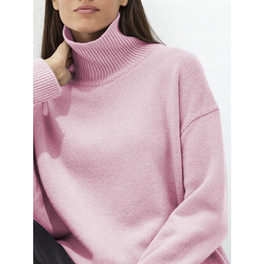 Turtleneck Drop Shoulder Long Sleeve Sweater Apparel and Accessories