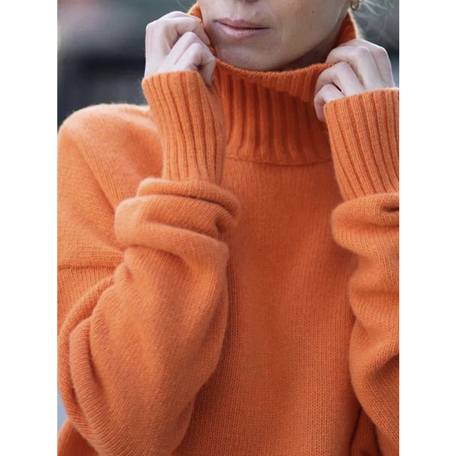 Turtleneck Drop Shoulder Long Sleeve Sweater Apparel and Accessories