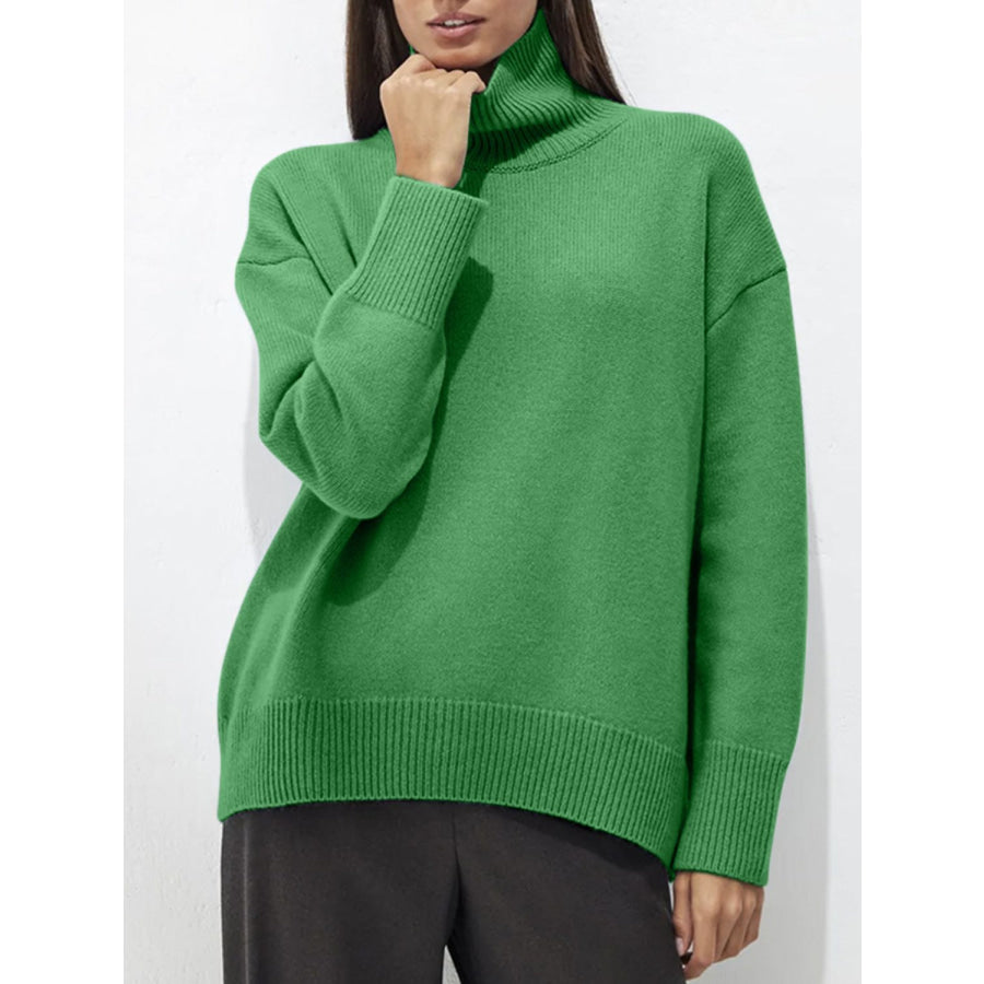 Turtleneck Drop Shoulder Long Sleeve Sweater Apparel and Accessories