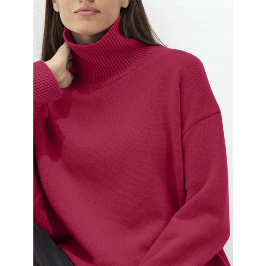 Turtleneck Drop Shoulder Long Sleeve Sweater Apparel and Accessories