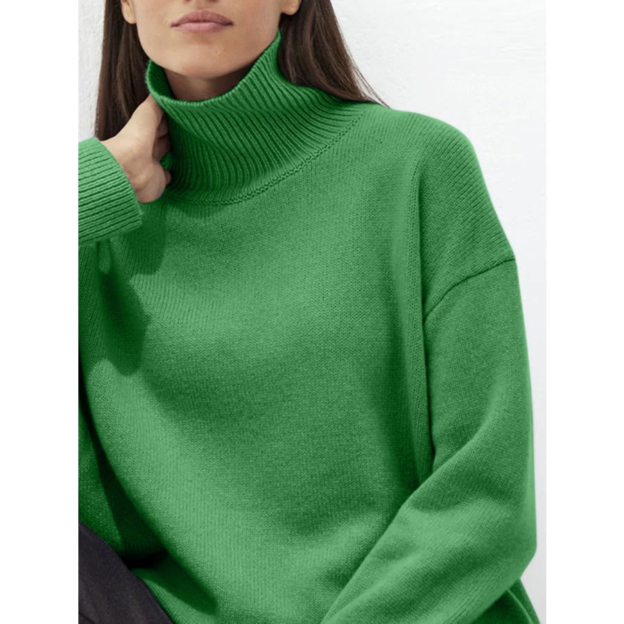 Turtleneck Drop Shoulder Long Sleeve Sweater Apparel and Accessories