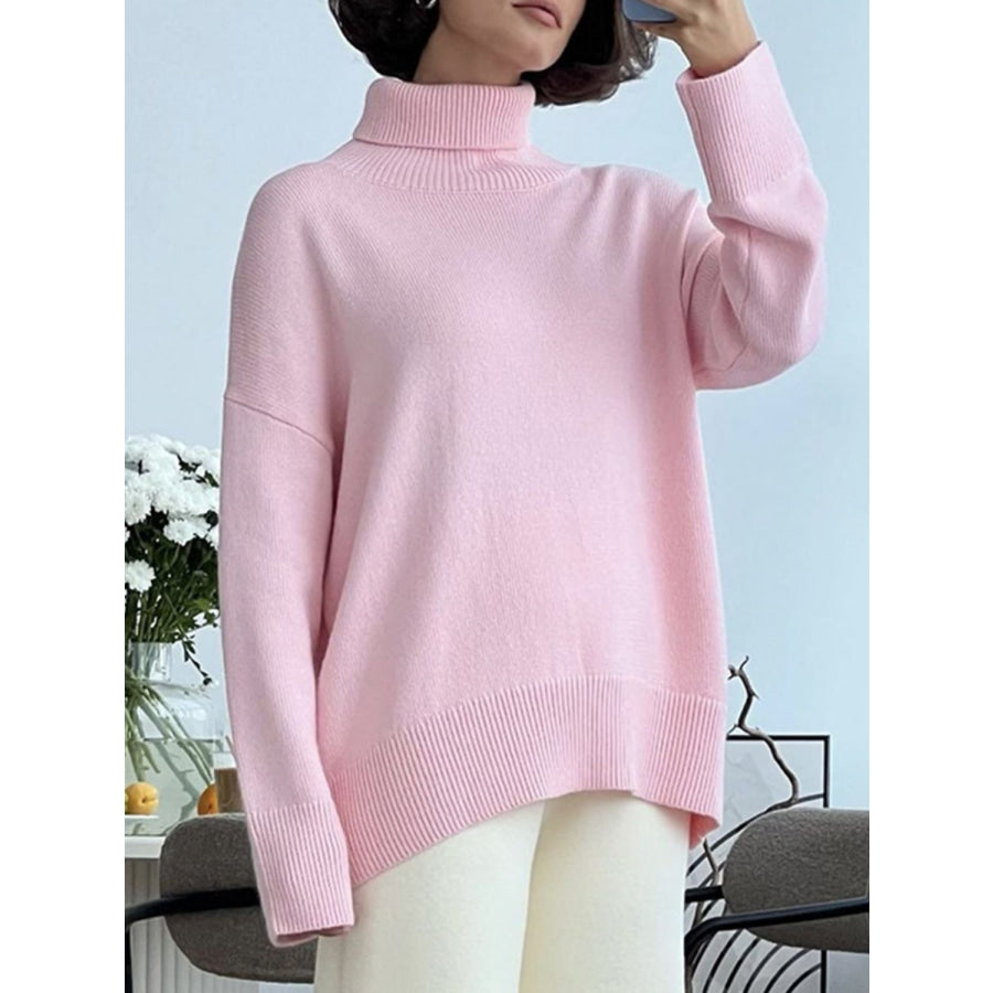 Turtleneck Drop Shoulder Long Sleeve Sweater Blush Pink / One Size Apparel and Accessories