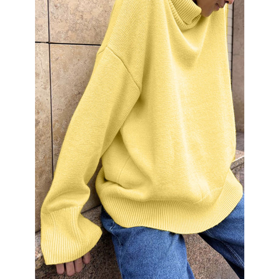 Turtleneck Drop Shoulder Long Sleeve Sweater Canary Yellow / One Size Apparel and Accessories