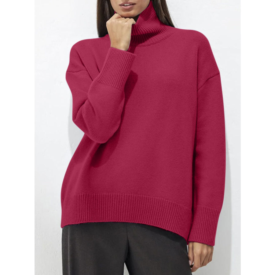 Turtleneck Drop Shoulder Long Sleeve Sweater Cerise / One Size Apparel and Accessories