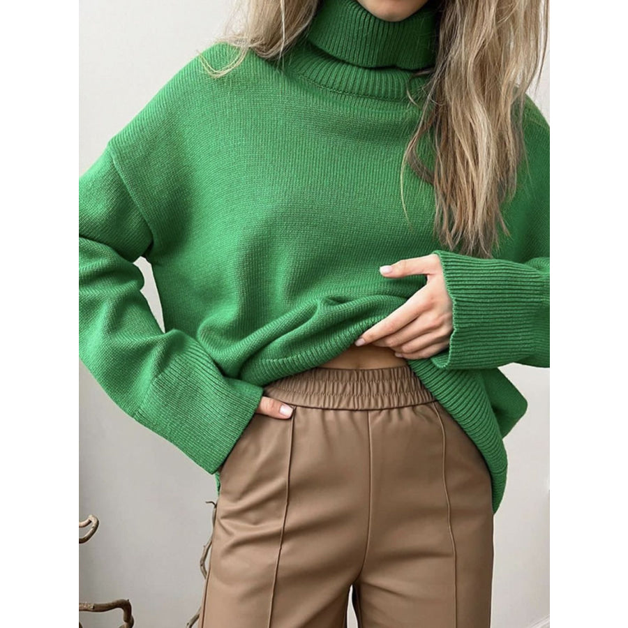 Turtleneck Drop Shoulder Long Sleeve Sweater Dark Green / One Size Apparel and Accessories