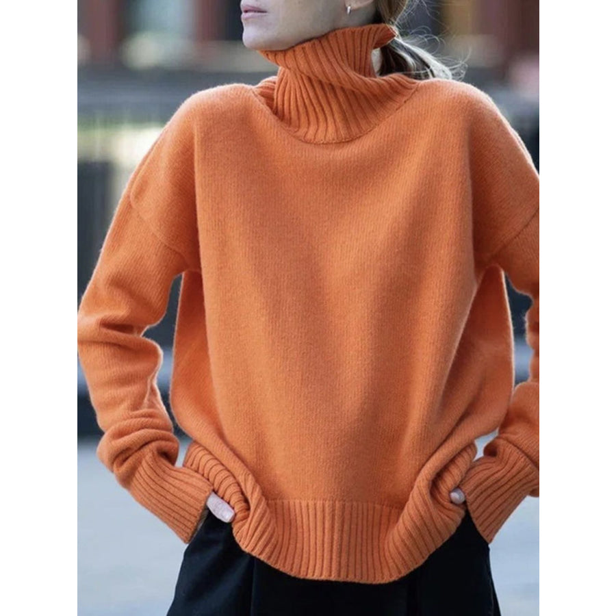 Turtleneck Drop Shoulder Long Sleeve Sweater Orange / One Size Apparel and Accessories