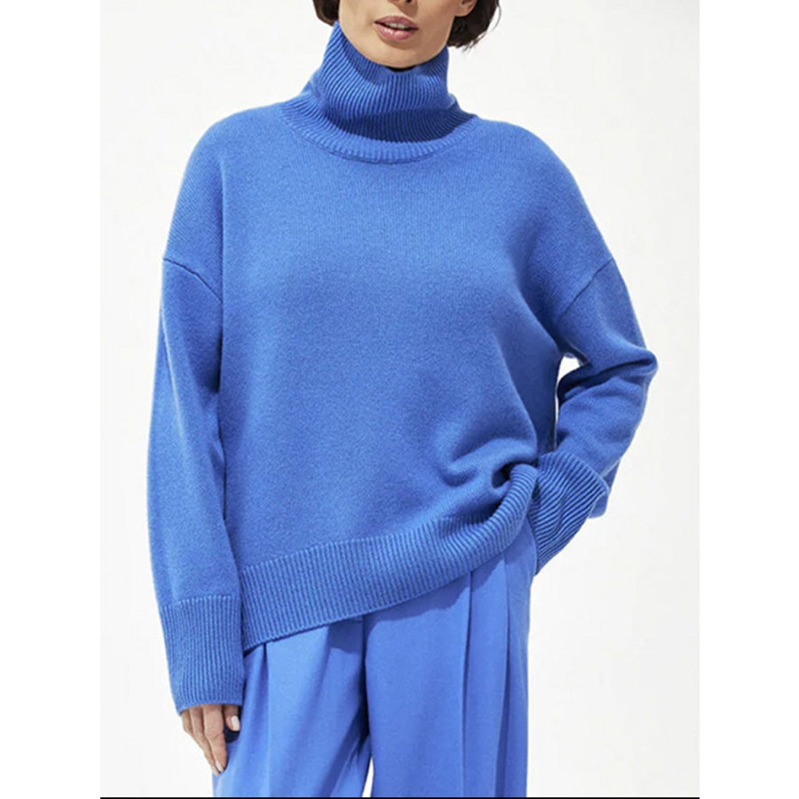 Turtleneck Drop Shoulder Long Sleeve Sweater Royal Blue / One Size Apparel and Accessories