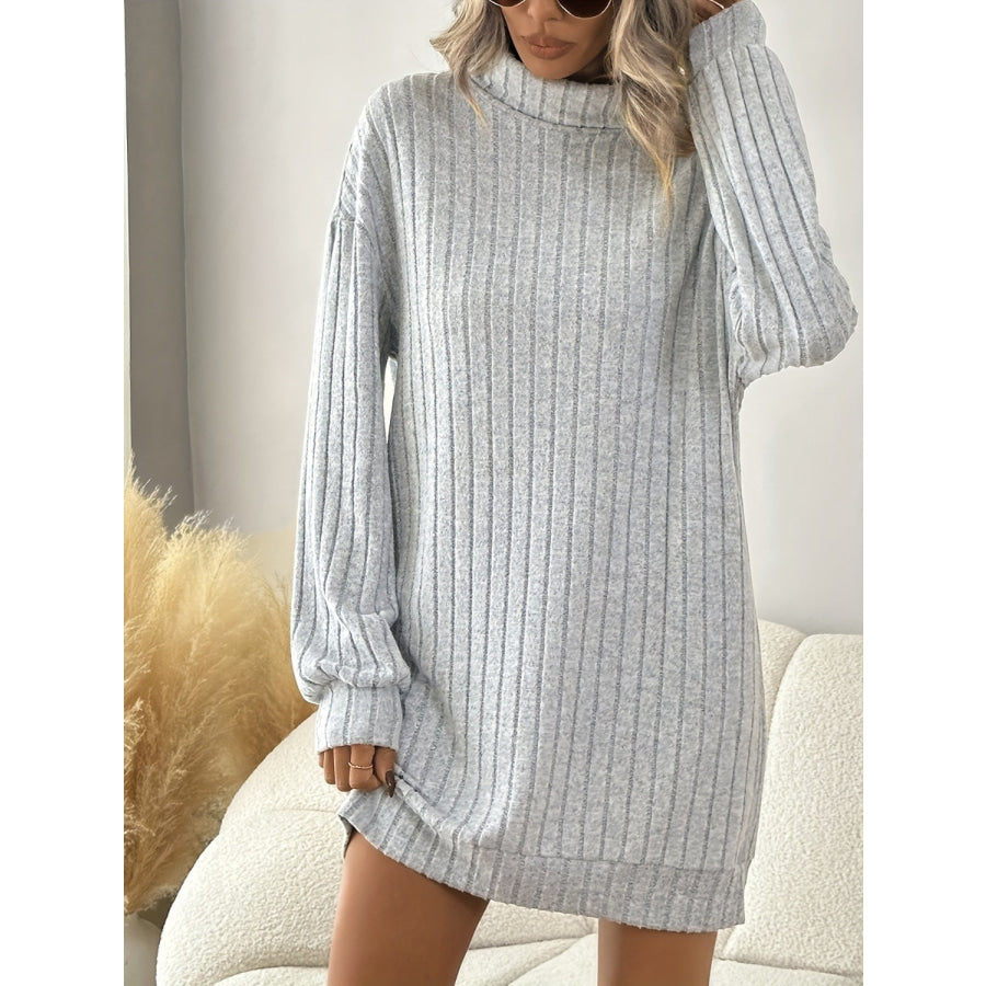 Turtleneck Dropped Shoulder Long Sleeve Mini Dress Gray / S Apparel and Accessories