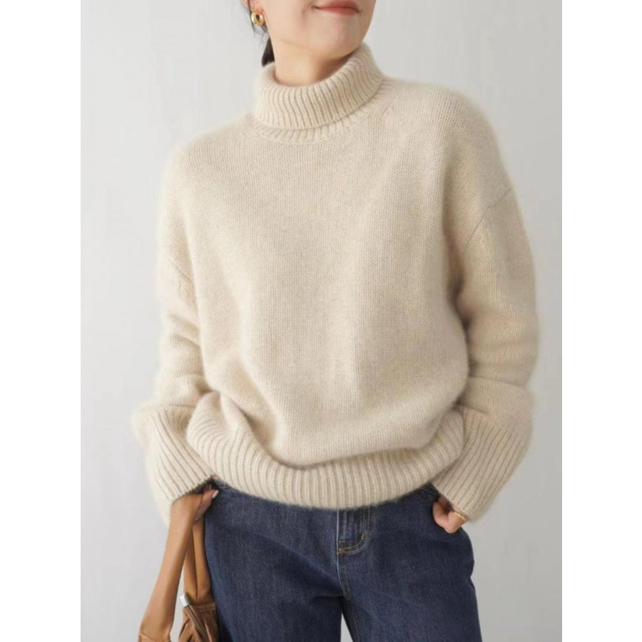 Turtleneck Dropped Shoulder Long Sleeve Sweater Cream / One Size Apparel and Accessories