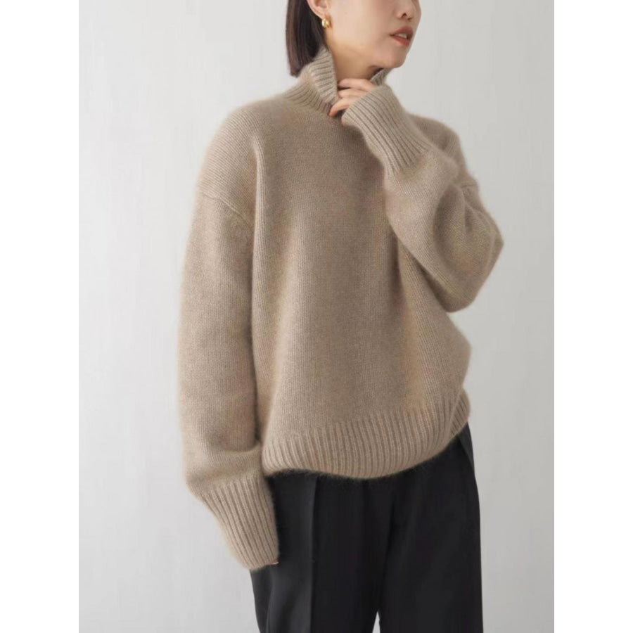 Turtleneck Dropped Shoulder Long Sleeve Sweater Apparel and Accessories