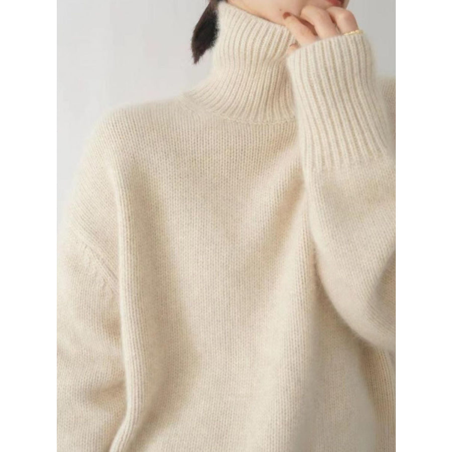 Turtleneck Dropped Shoulder Long Sleeve Sweater Apparel and Accessories