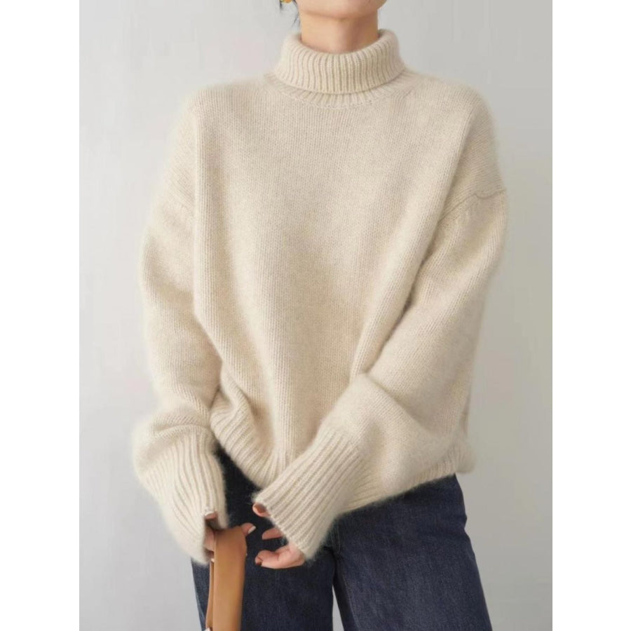 Turtleneck Dropped Shoulder Long Sleeve Sweater Apparel and Accessories