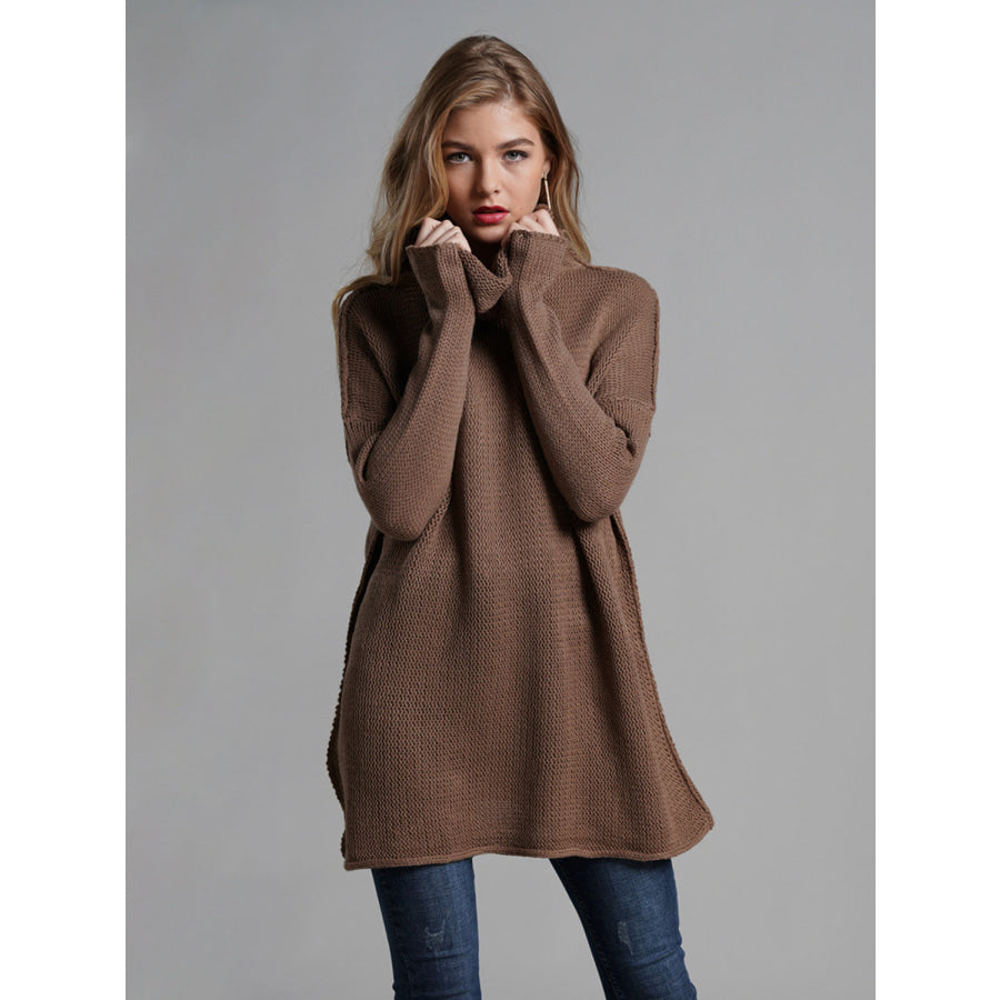 Turtleneck Dropped Shoulder Long Sleeve Sweater Apparel and Accessories