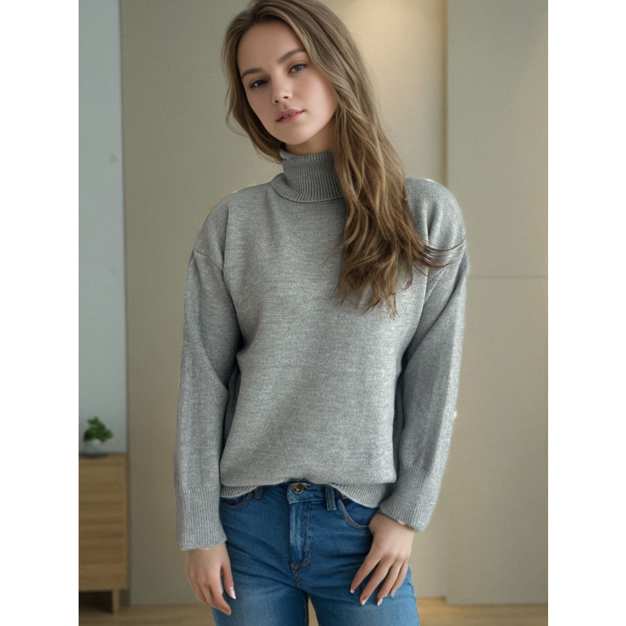 Turtleneck Dropped Shoulder Long Sleeve Sweater Apparel and Accessories