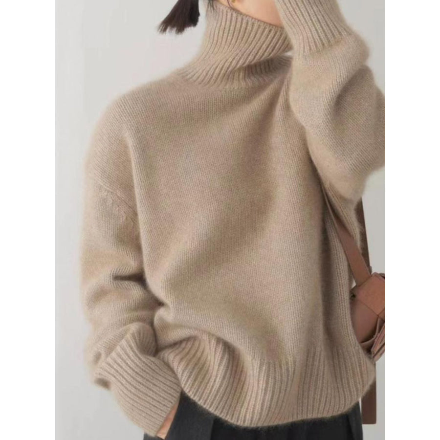 Turtleneck Dropped Shoulder Long Sleeve Sweater Apparel and Accessories