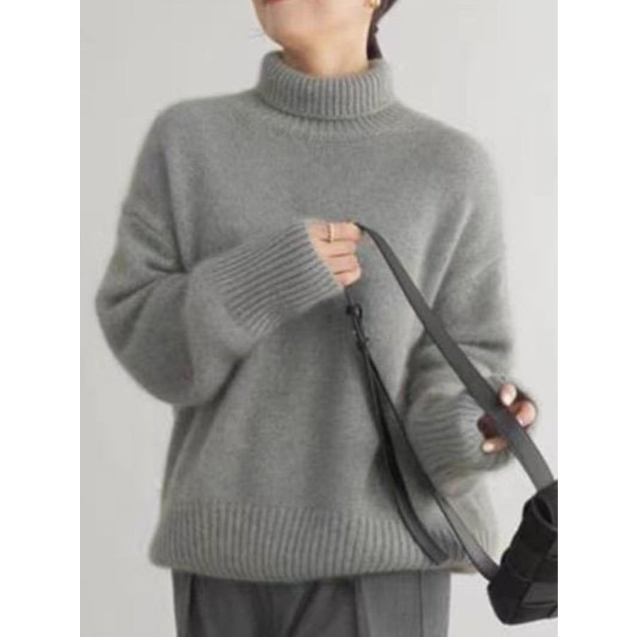 Turtleneck Dropped Shoulder Long Sleeve Sweater Apparel and Accessories