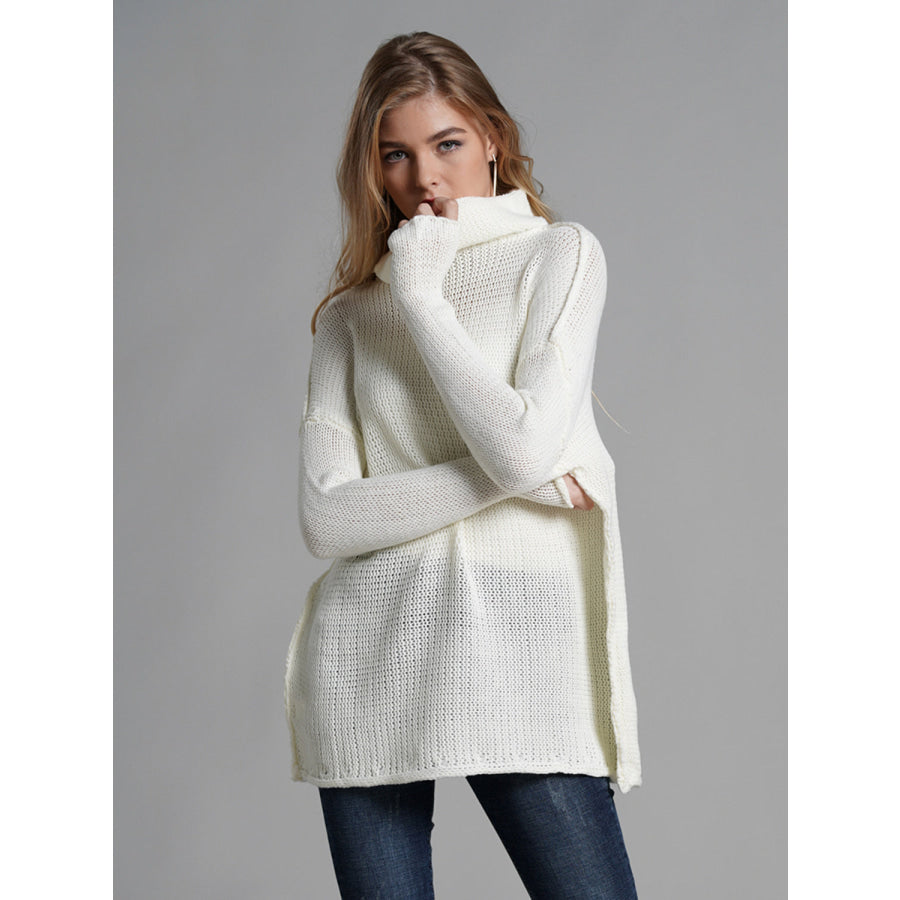 Turtleneck Dropped Shoulder Long Sleeve Sweater Apparel and Accessories