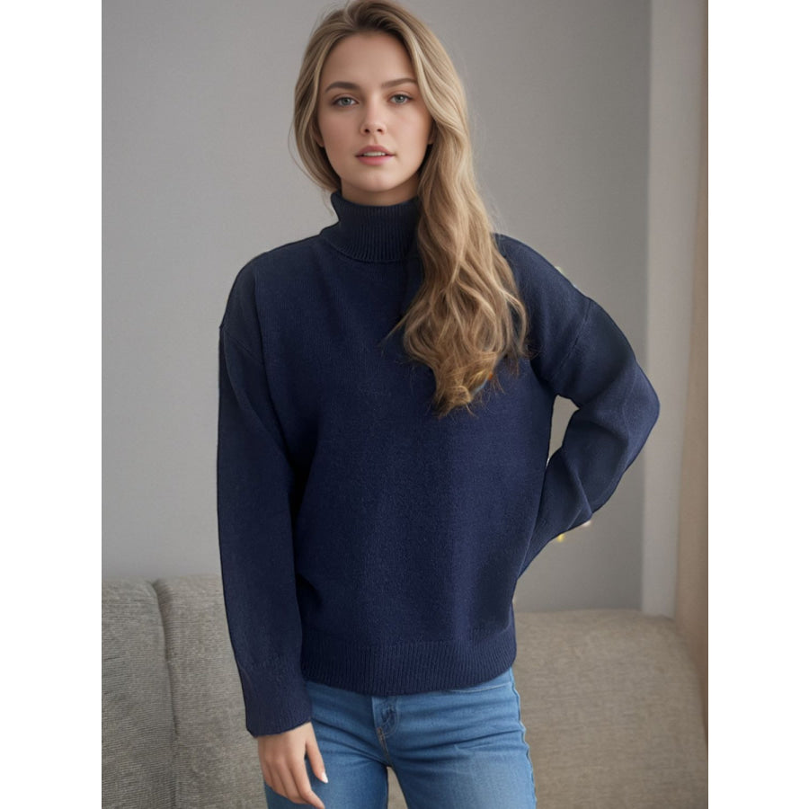 Turtleneck Dropped Shoulder Long Sleeve Sweater Apparel and Accessories