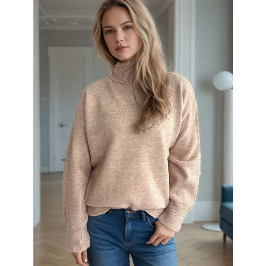 Turtleneck Dropped Shoulder Long Sleeve Sweater Apparel and Accessories