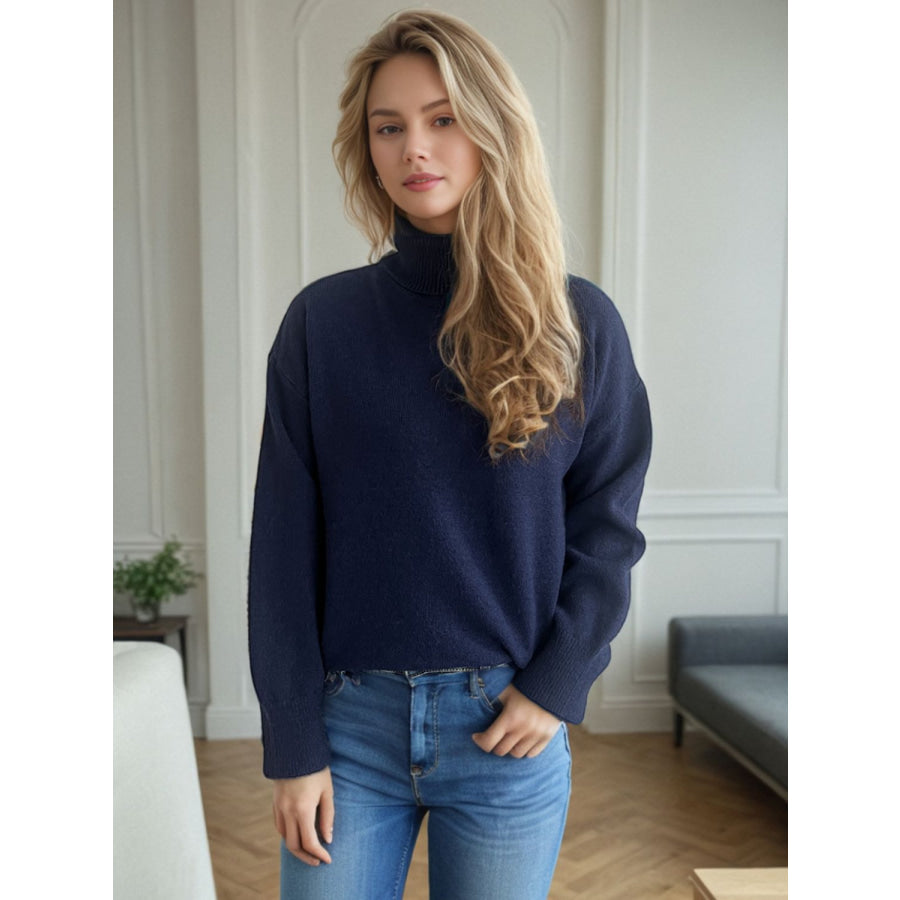 Turtleneck Dropped Shoulder Long Sleeve Sweater Apparel and Accessories