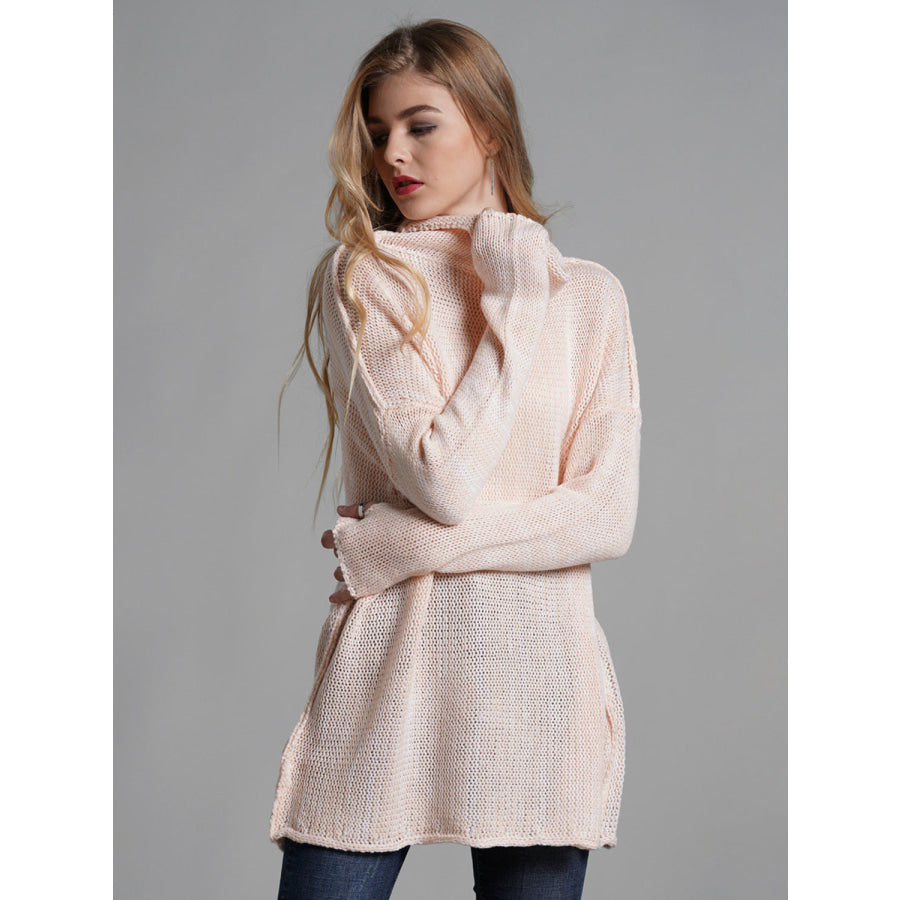 Turtleneck Dropped Shoulder Long Sleeve Sweater Blush Pink / S Apparel and Accessories