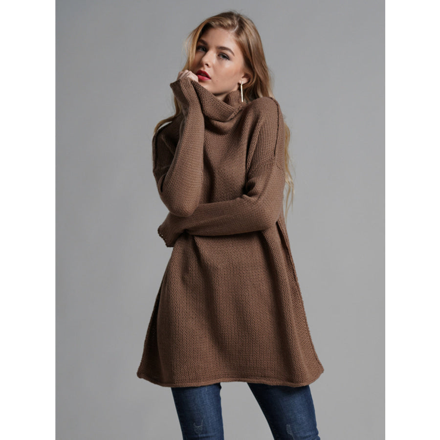 Turtleneck Dropped Shoulder Long Sleeve Sweater Brown / S Apparel and Accessories