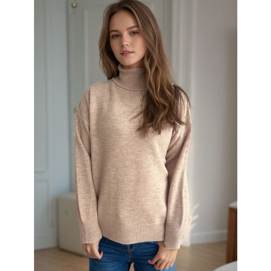 Turtleneck Dropped Shoulder Long Sleeve Sweater Camel / One Size Apparel and Accessories