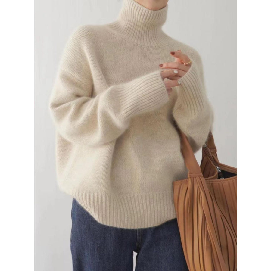 Turtleneck Dropped Shoulder Long Sleeve Sweater Cream / One Size Apparel and Accessories