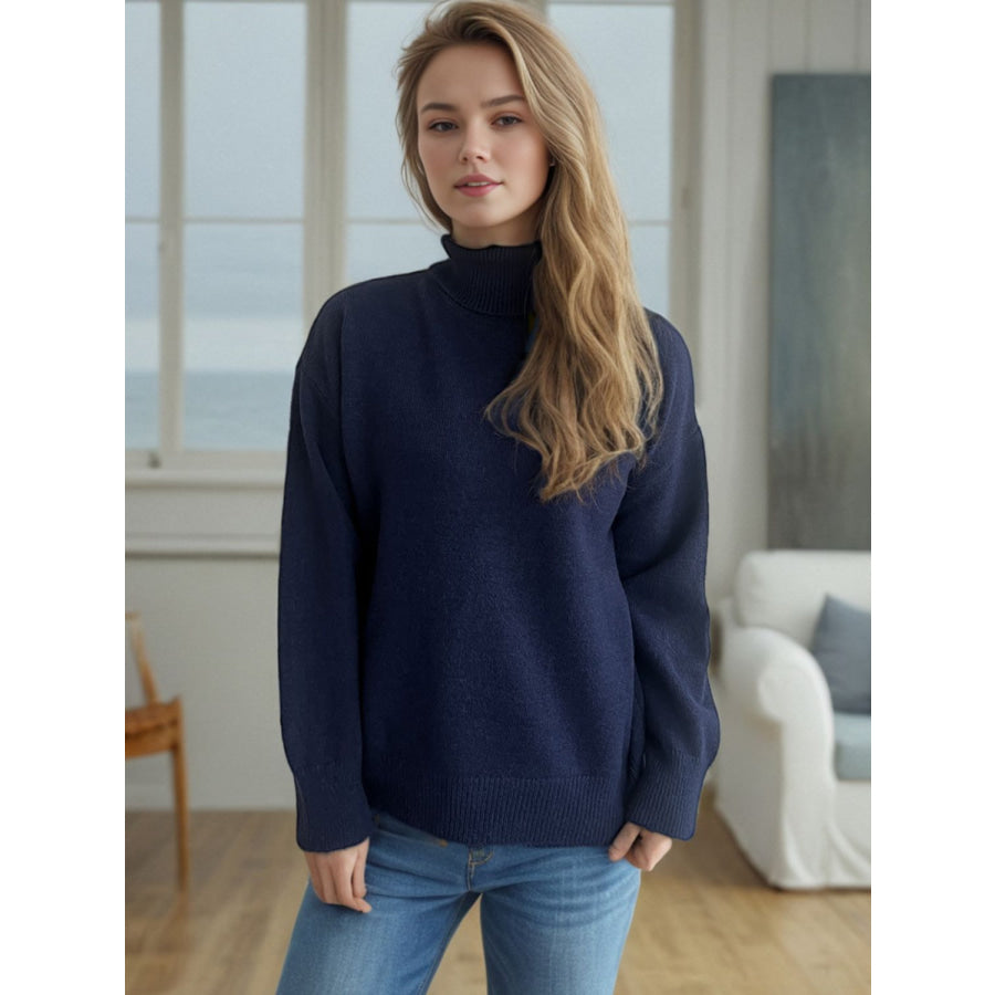 Turtleneck Dropped Shoulder Long Sleeve Sweater Dark Blue / One Size Apparel and Accessories