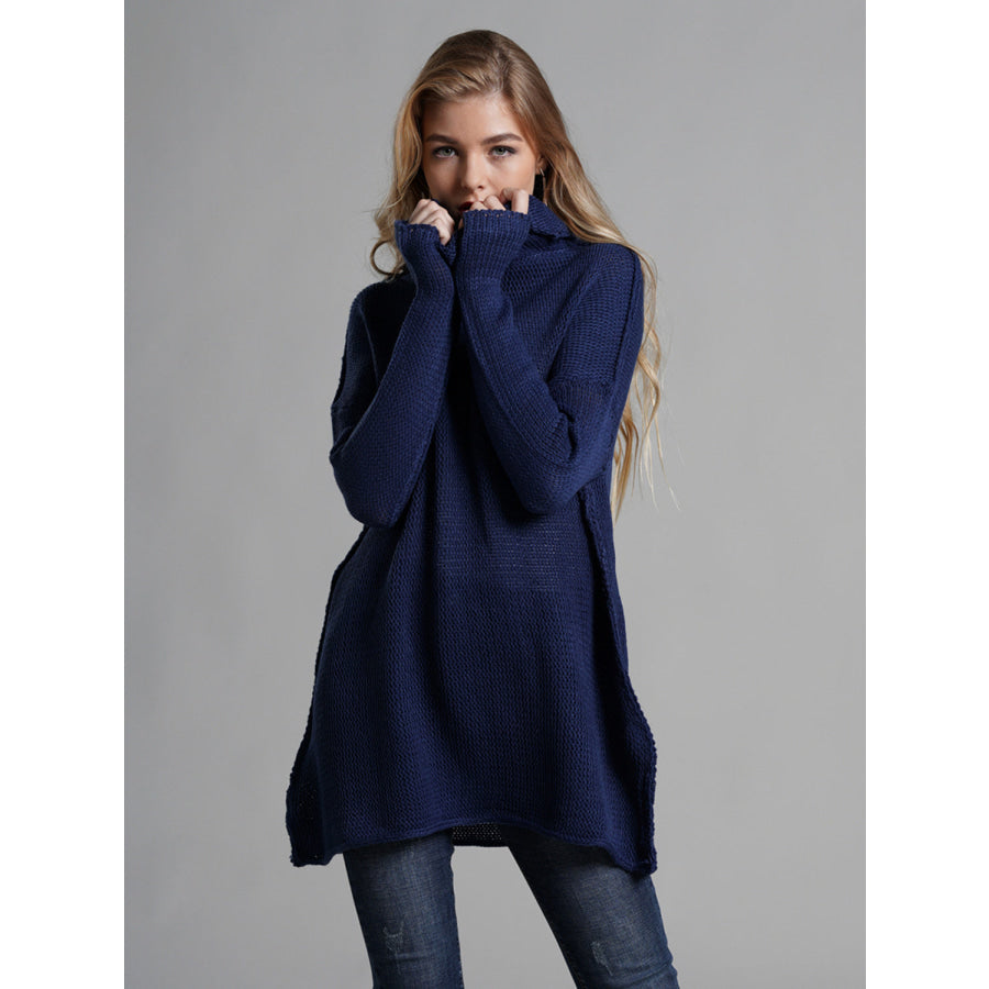 Turtleneck Dropped Shoulder Long Sleeve Sweater Dark Blue / S Apparel and Accessories