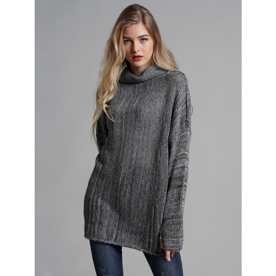 Turtleneck Dropped Shoulder Long Sleeve Sweater Dark Gray / S Apparel and Accessories