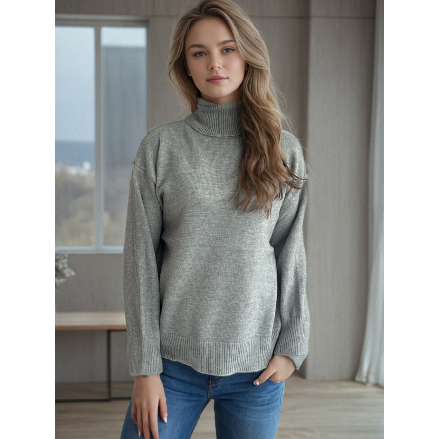 Turtleneck Dropped Shoulder Long Sleeve Sweater Gray / One Size Apparel and Accessories
