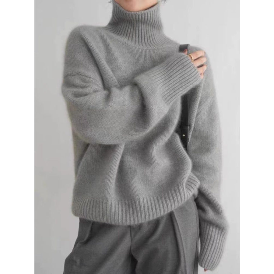Turtleneck Dropped Shoulder Long Sleeve Sweater Gray / One Size Apparel and Accessories