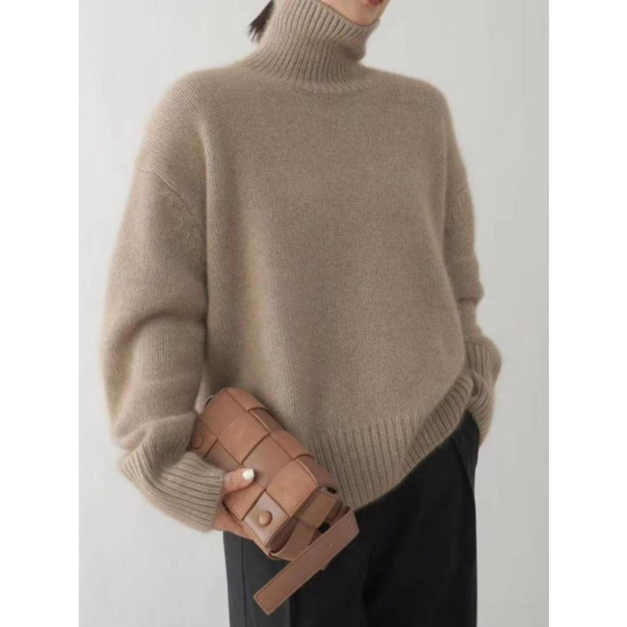 Turtleneck Dropped Shoulder Long Sleeve Sweater Khaki / One Size Apparel and Accessories