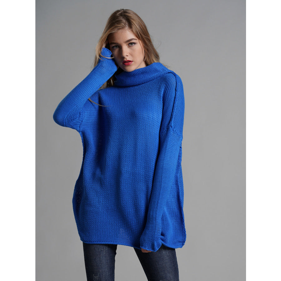 Turtleneck Dropped Shoulder Long Sleeve Sweater Royal Blue / S Apparel and Accessories