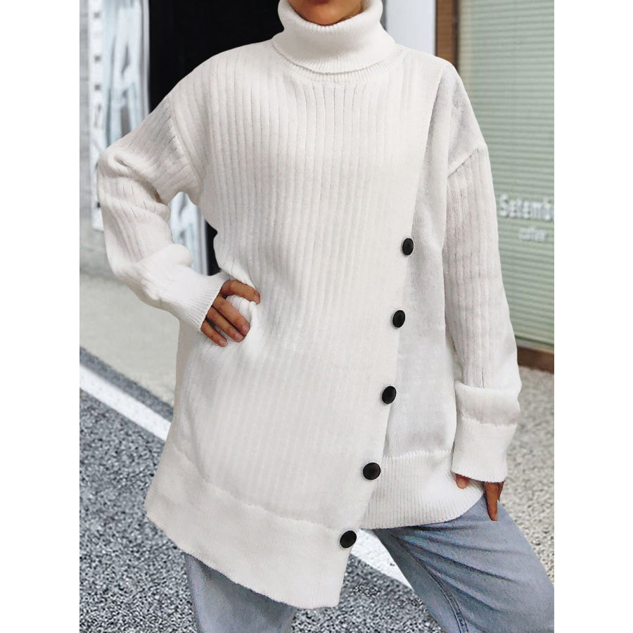 Turtleneck Dropped Shoulder Long Sleeve Sweater White / One Size Apparel and Accessories